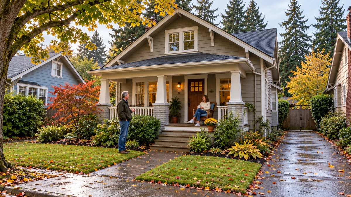 Two neighbors talk beside a Craftsman porch, one seated and one standing on the front walk.