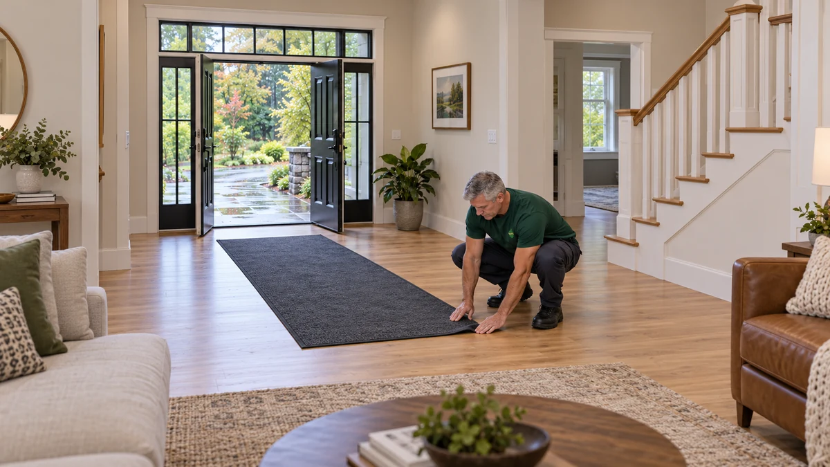 A mover kneels to flatten the corner of a runner along a dry indoor entrance.