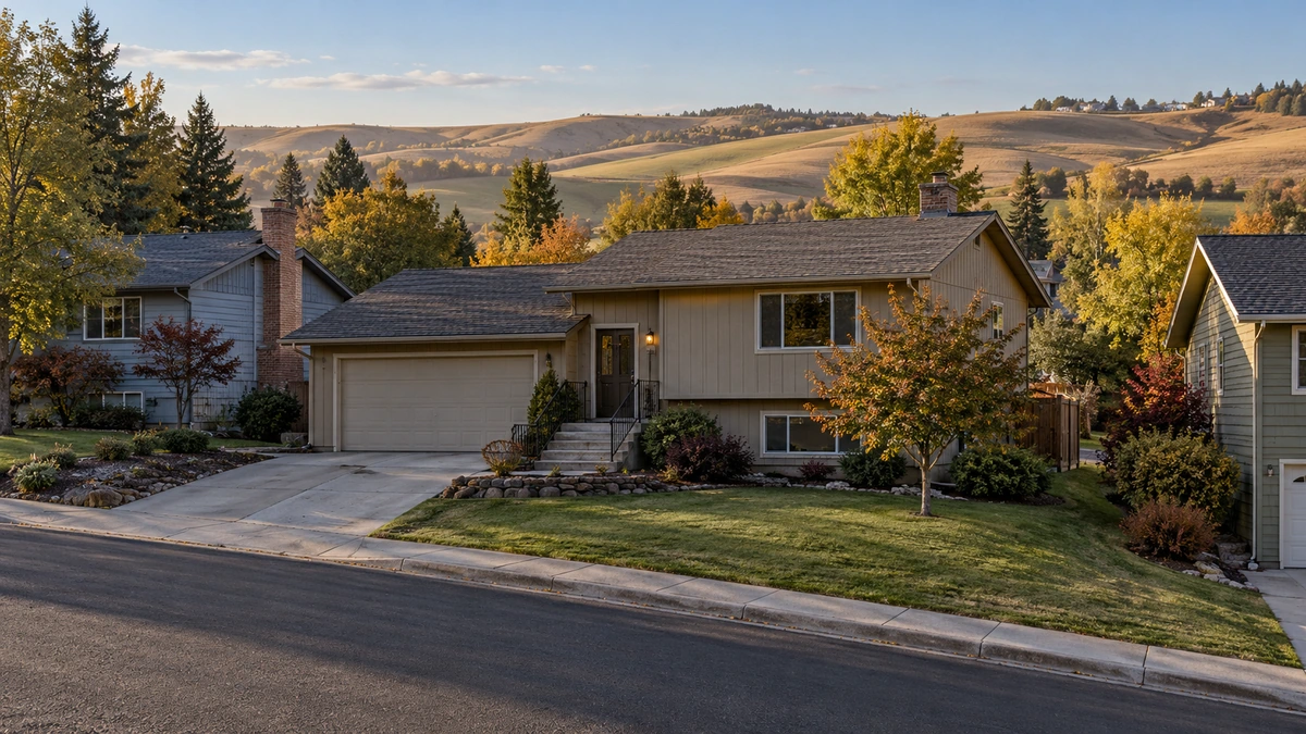 A split-level home follows a sloping neighborhood street below rolling Palouse hills.