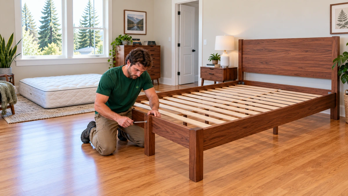 A mover tightens a corner bolt on a wooden bed frame with a hand tool.