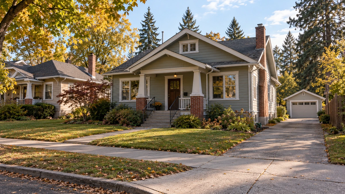 A raised porch and side driveway lead to a bungalow and detached garage in an inland neighborhood.