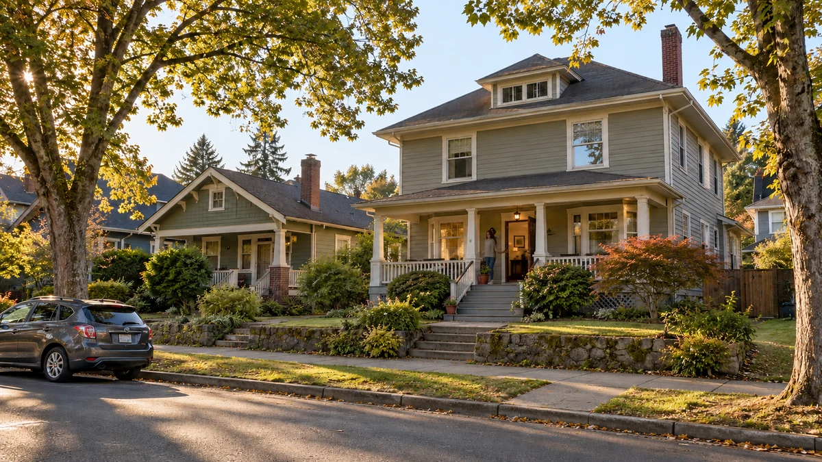 A resident opens the front door from the landing of a two-story porch home.