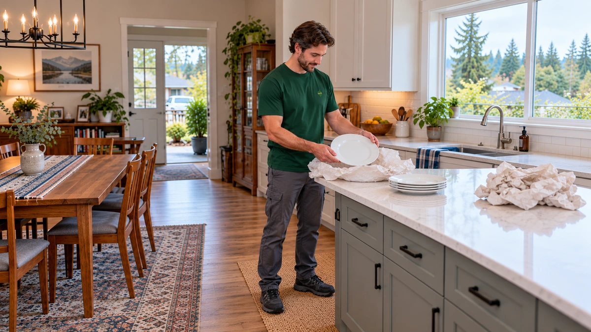 A mover lifts a white plate from packing paper on a kitchen counter.