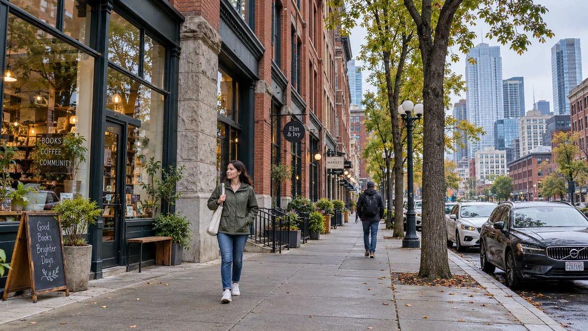 A resident walks past brick storefronts on a Seattle-style city sidewalk.