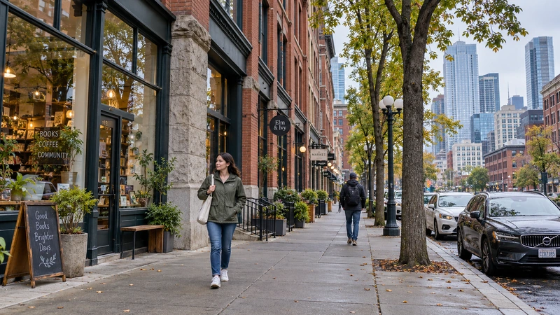 A resident walks past brick storefronts on a Seattle-style city sidewalk.