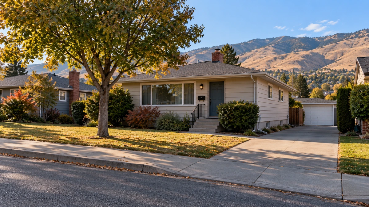 A low house has raised front steps, a side driveway and dry foothills beyond.