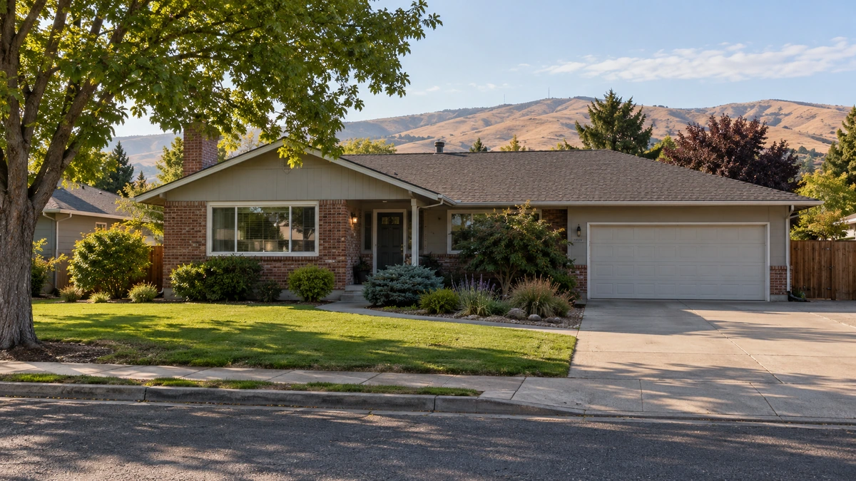A ranch home stands below dry hills with a connected garage drive and separate front walk.