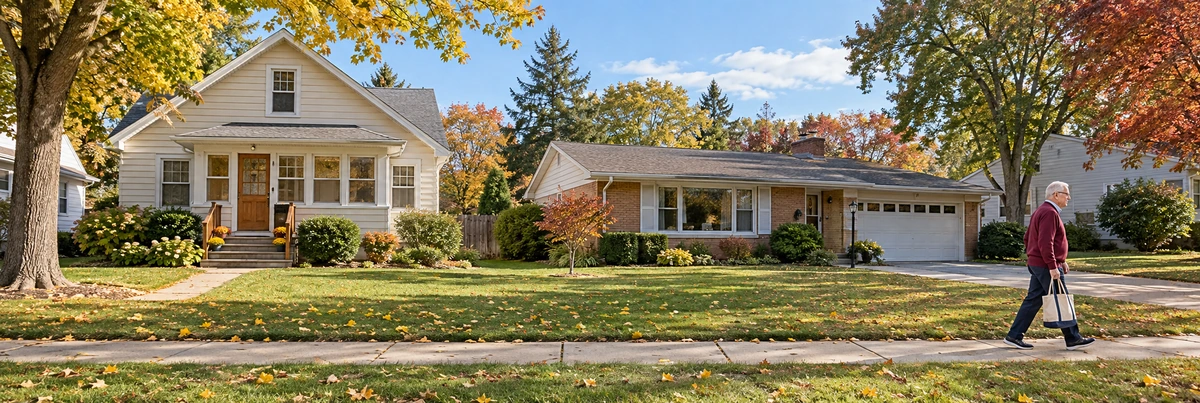 An older man with a canvas tote walks past a cream bungalow and brick ranch on an autumn sidewalk.