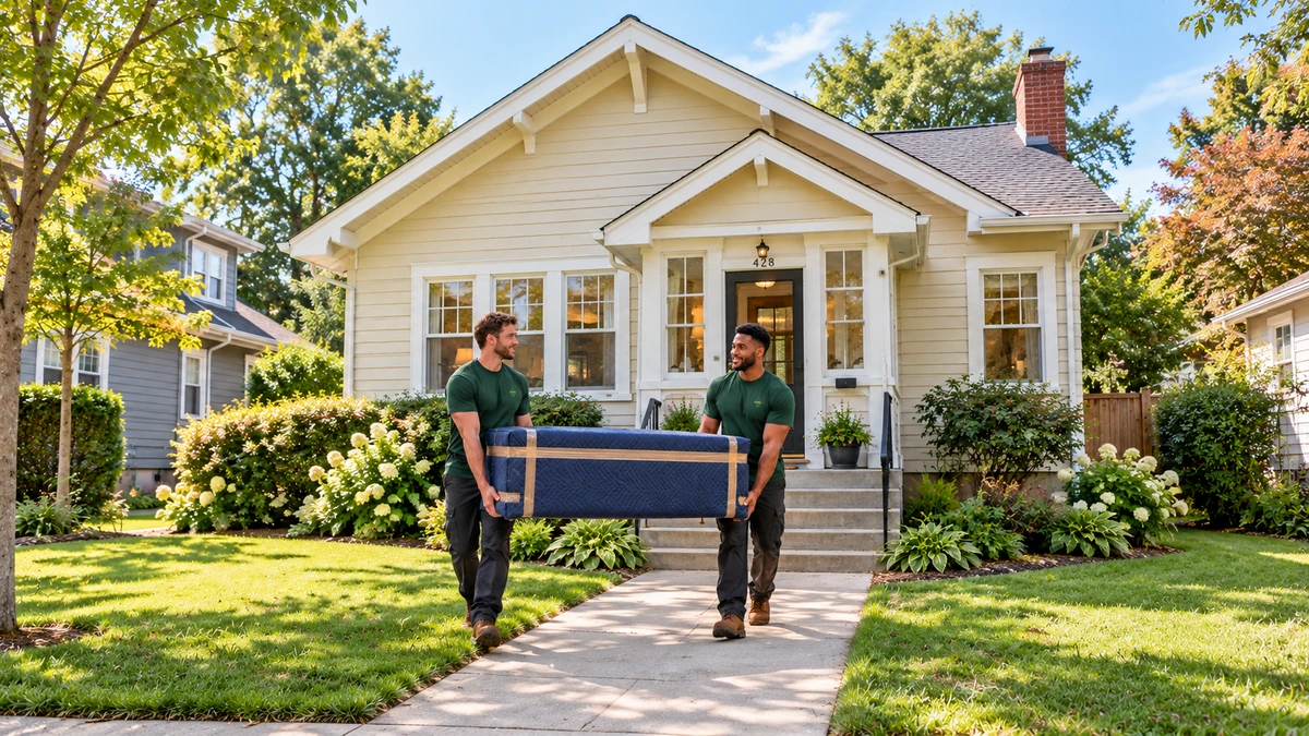 Two movers in green shirts carry a fully quilt-covered chest on a level path in front of a cream bungalow.