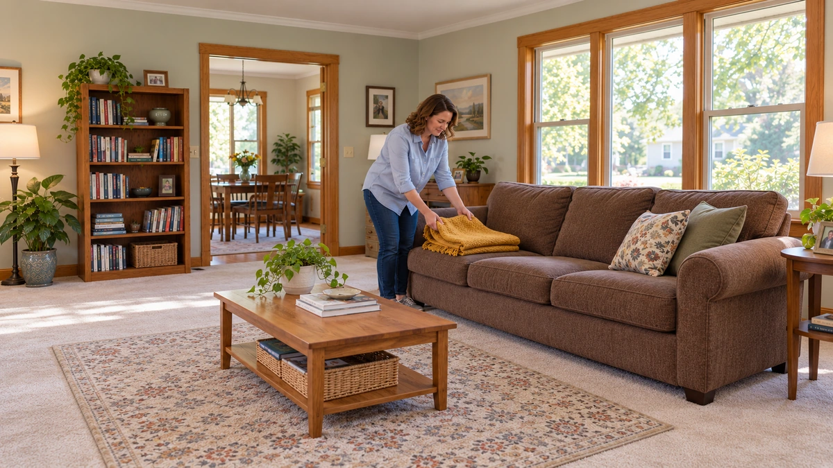 A woman folds a mustard throw on a brown sofa in a furnished oak-trim living room.