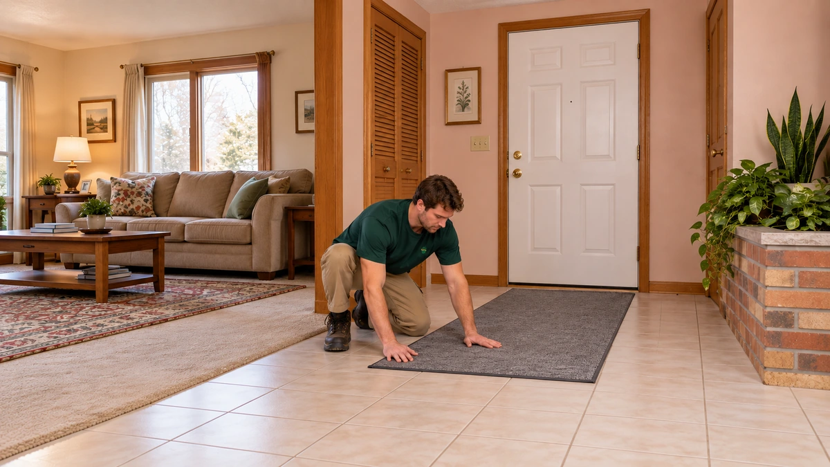 A mover in a green shirt smooths a short gray runner on a tiled entry floor beside a closed white door.