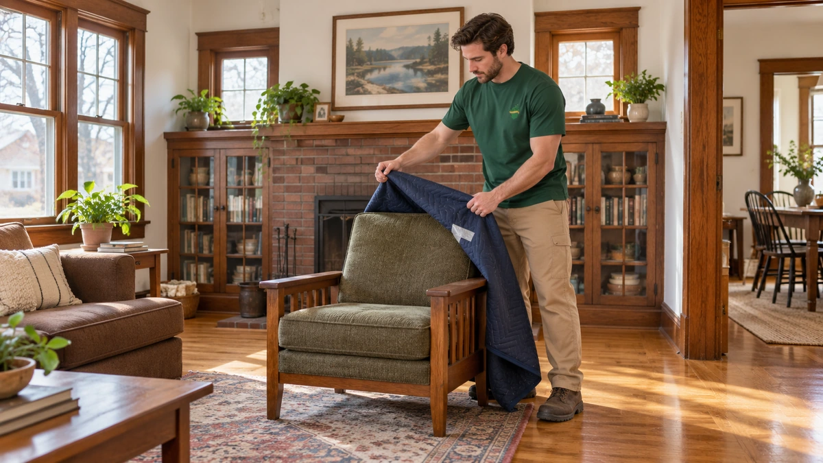 A mover in a green shirt removes a navy quilt from a placed olive armchair in an oak-trim living room.