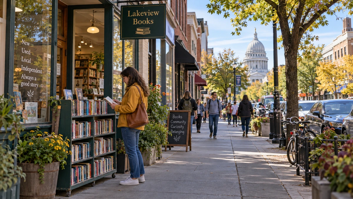 A woman holds a paperback beside an outdoor book display, with a pale dome beyond downtown shops.