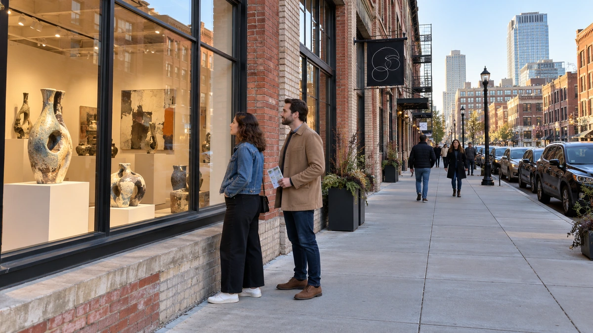 Two visitors stand beside a gallery window on a brick warehouse street with downtown towers beyond.