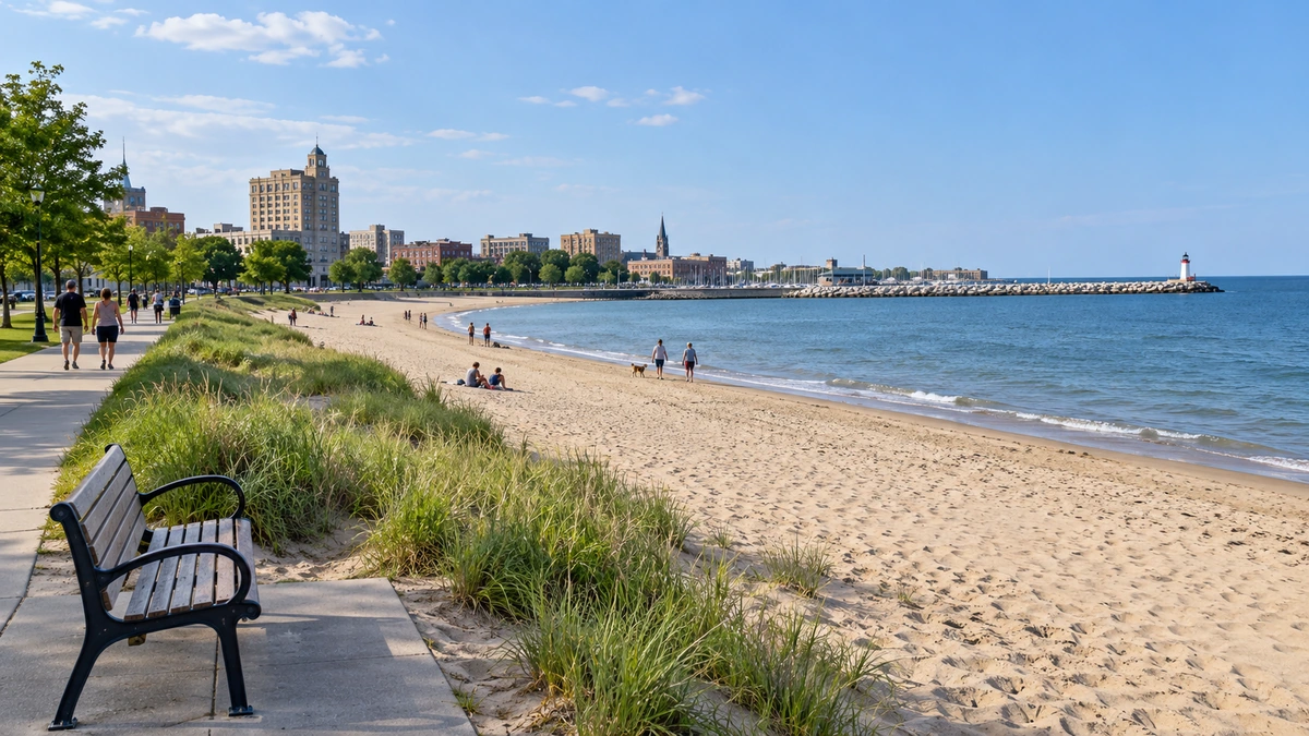 A paved lakeside path and bench border a sandy beach, with visitors, downtown buildings and a distant breakwater.