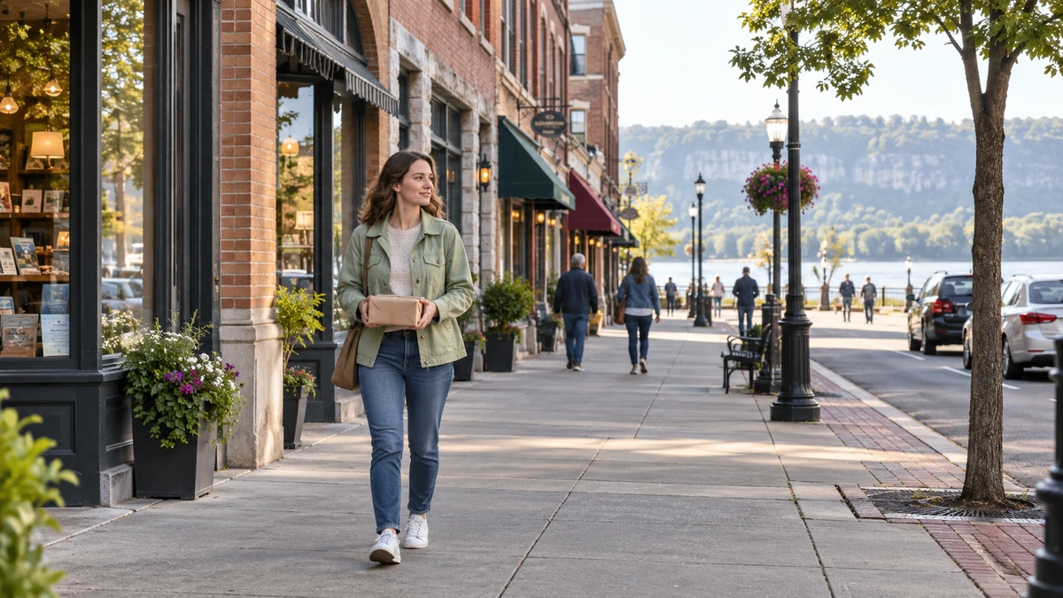 A woman carries a paper-wrapped parcel along a brick downtown street, with river bluffs visible beyond.