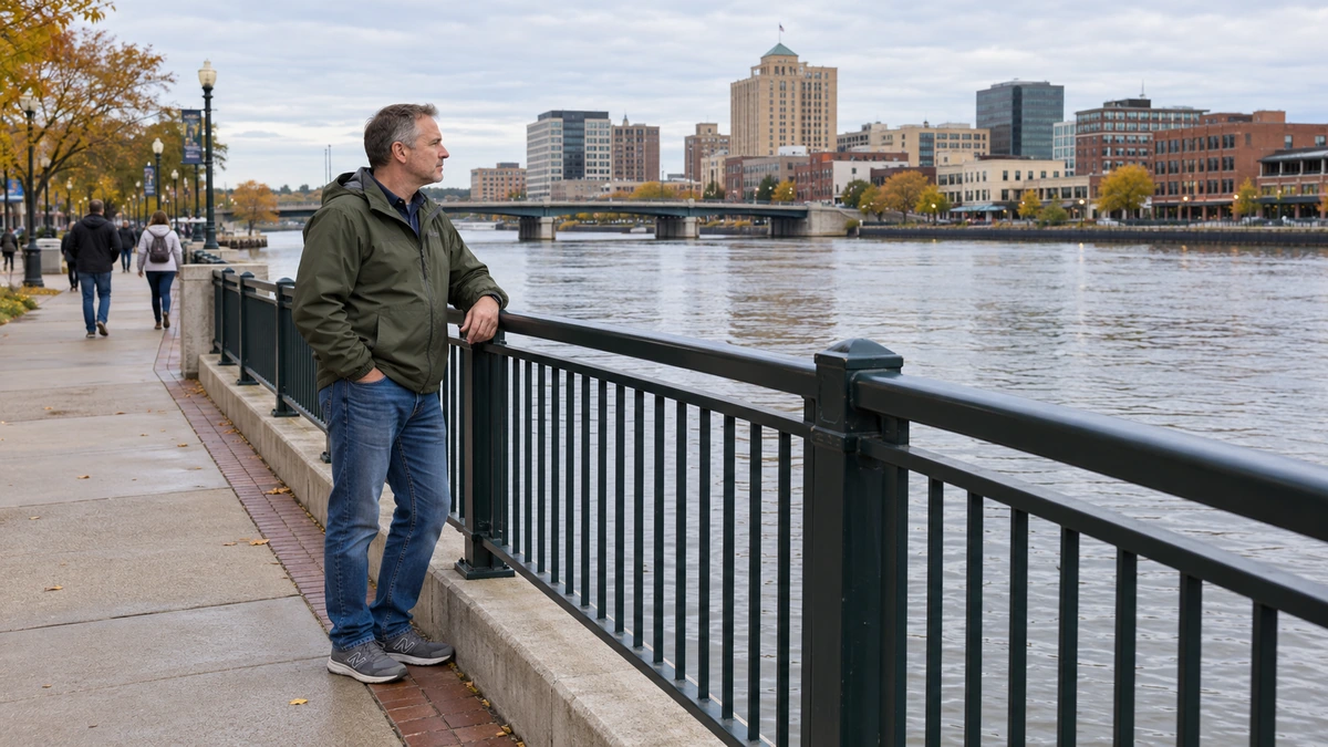 A man in an olive jacket stands at a riverside railing with a bridge and downtown buildings across the water.