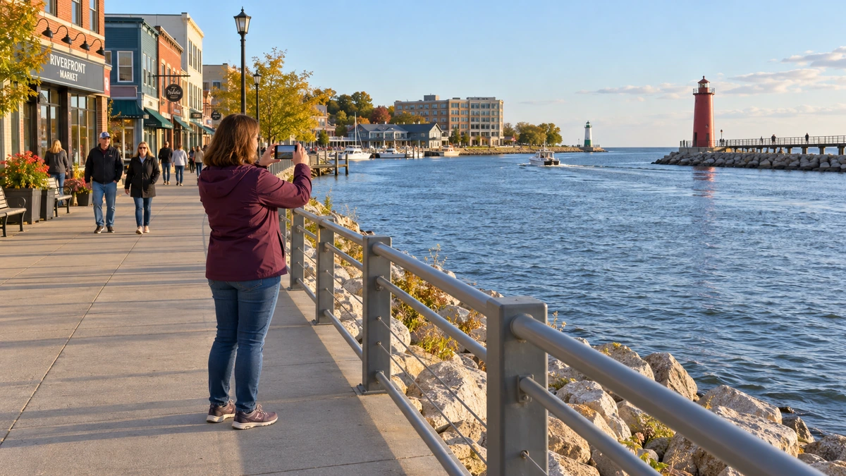 A woman holds a phone toward a harbor from a paved riverfront walkway beside shops and a railing.