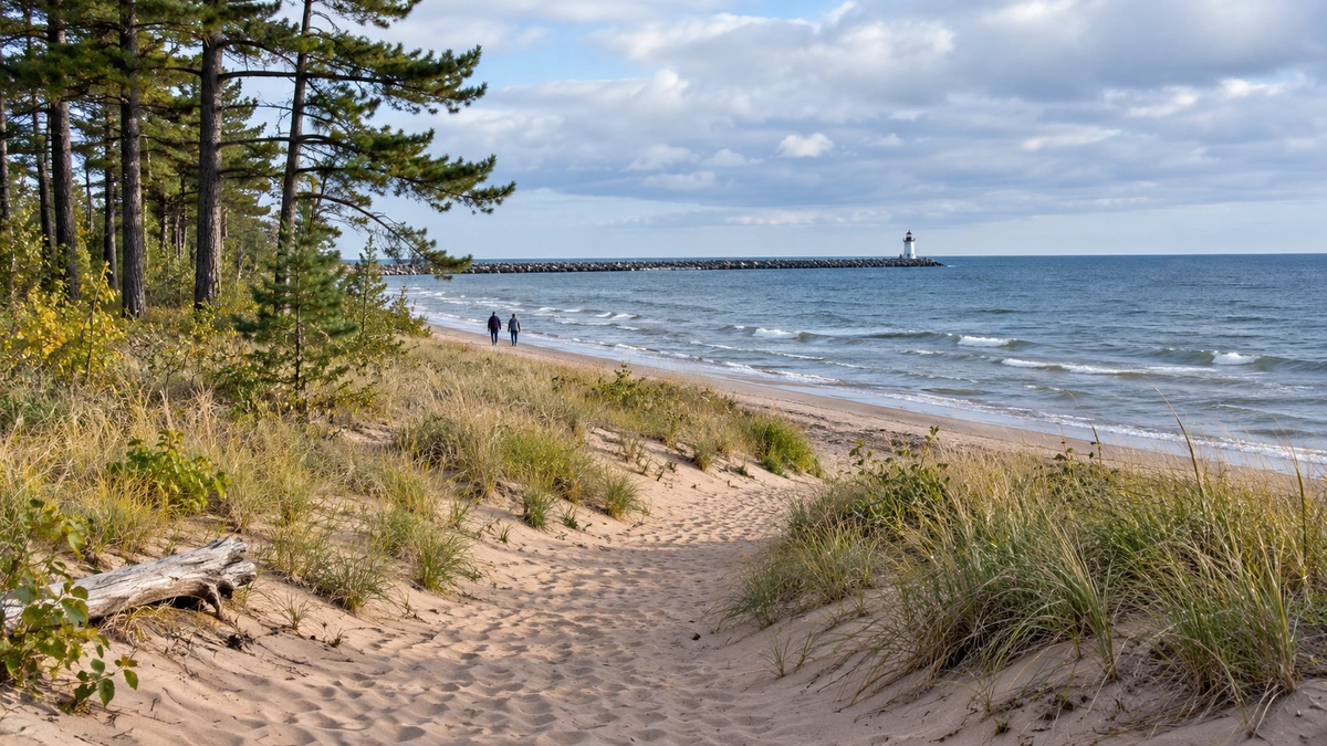 A sandy path passes pines and dune grasses toward Lake Superior, with distant walkers and a harbor-entry light.