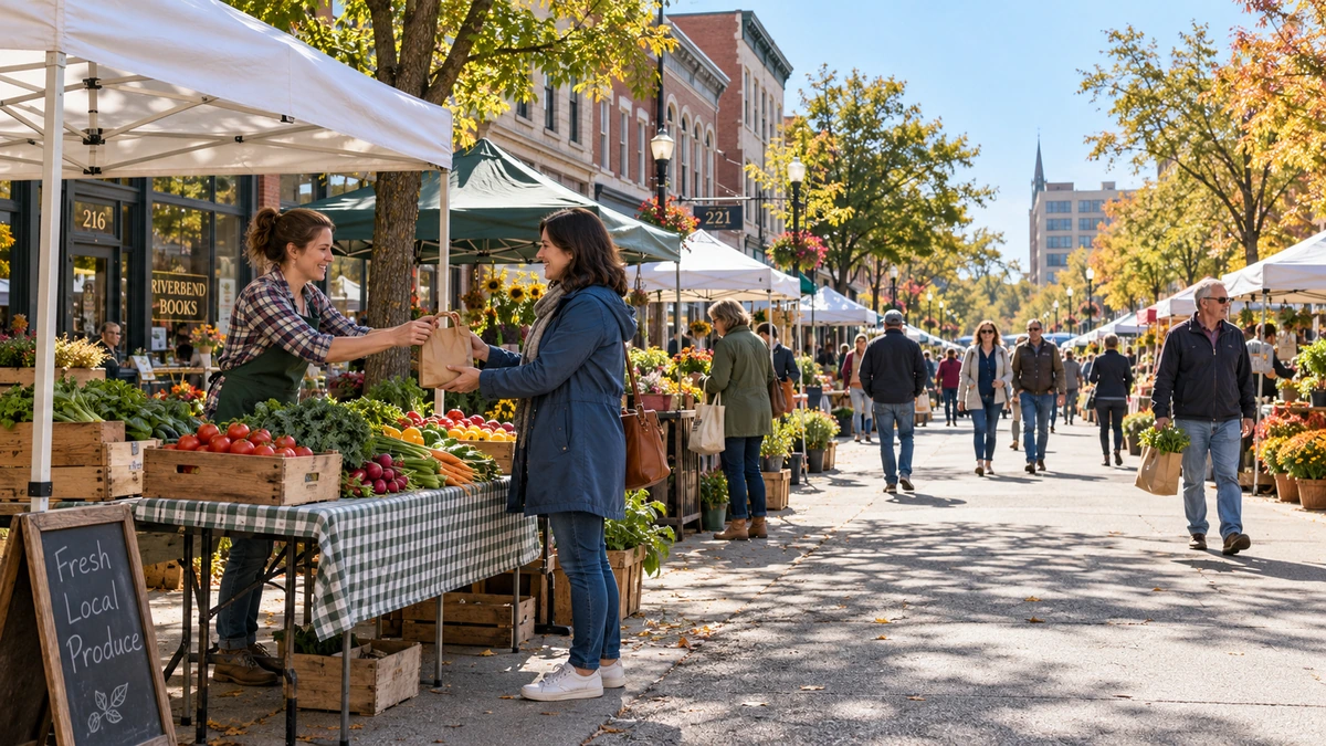 A vendor hands a paper bag to a shopper at a produce stall on a tree-lined downtown market street.