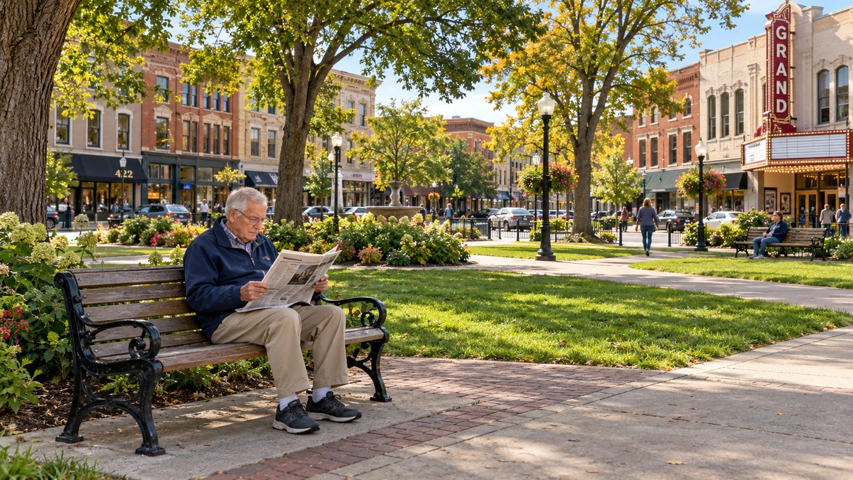 An older man reads a newspaper on a wooden bench beside a green city square and older downtown buildings.