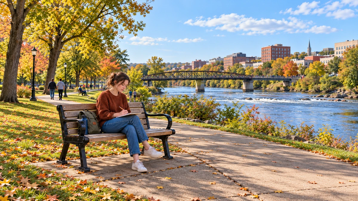 A woman sketches on a park bench beside a river, with a footbridge and downtown buildings beyond.