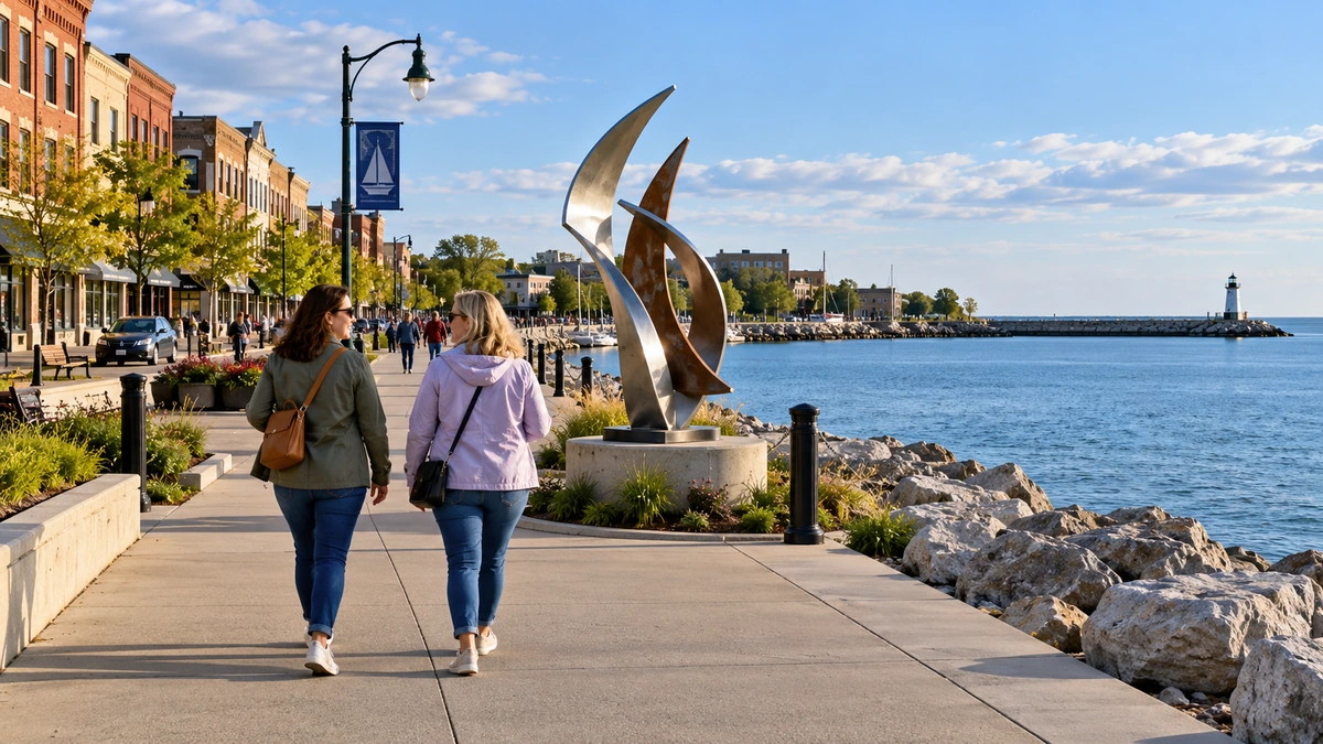 Two women walk beside a metal sculpture on a harbor path with brick shops and a distant lighthouse.