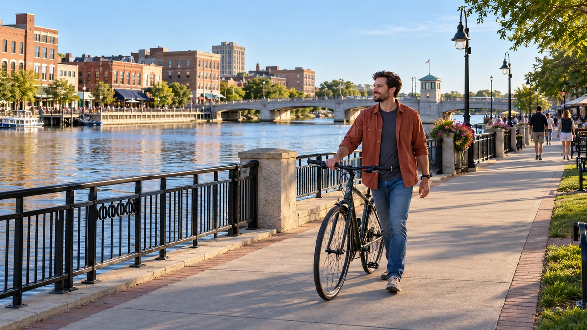 A man walks a bicycle beside a riverfront railing, with brick downtown buildings and a bridge beyond.