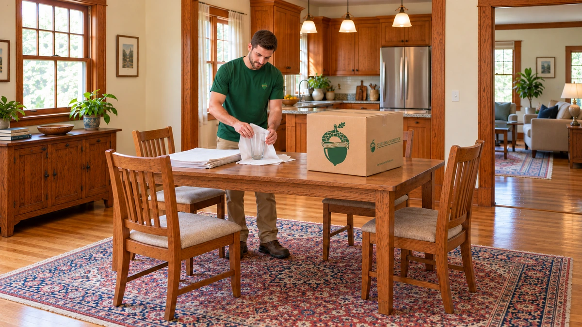 A mover wraps a clear drinking glass in paper on a dining table beside a branded kraft carton.