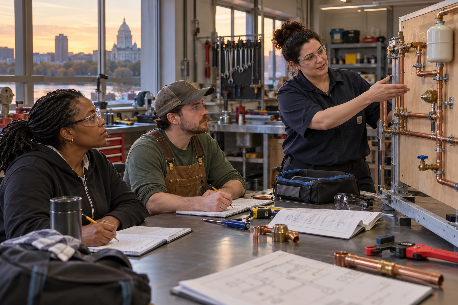 Giving a training chapter room in the first-year plan An instructor points to a wall-mounted plumbing demonstration while two seated adults take notes at a workshop table.