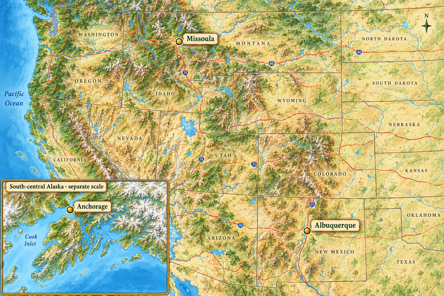 High desert, a mountain valley and an Alaska inset A western US relief atlas highlights Missoula and Albuquerque, with Anchorage beside Cook Inlet in a boxed Alaska inset.
