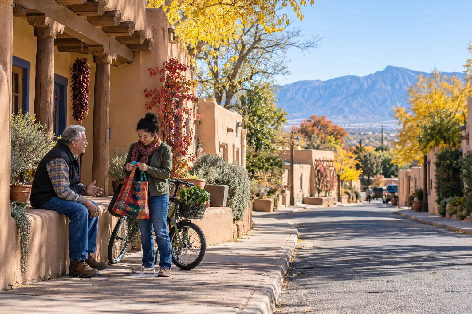 An independent errand in an Albuquerque adobe-street setting An older man sits outside an adobe building while another man pauses with a bicycle and a colorful shopping bag.
