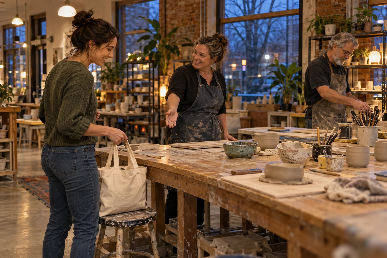 Finding a workshop you would enjoy returning to A woman carrying a canvas bag is welcomed at a pottery worktable while another adult works farther inside the studio.