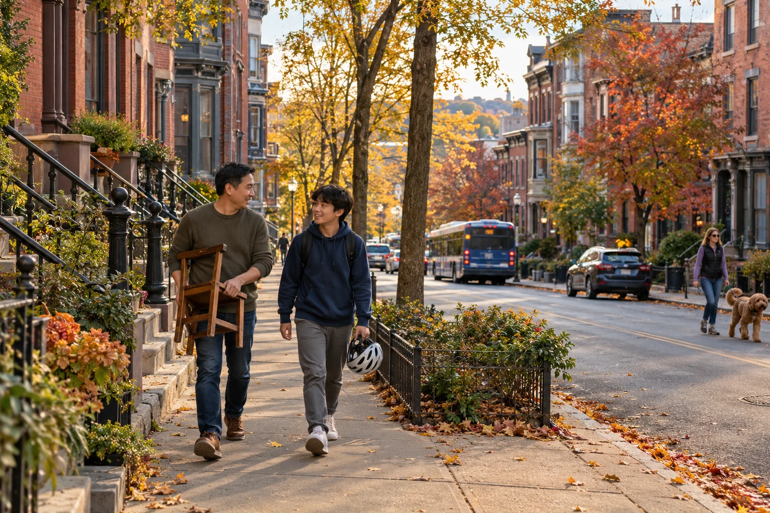 An ordinary autumn walk on an Albany rowhouse street Two people carry a wooden chair and a bicycle helmet along an autumn street lined with Albany-style rowhouses.