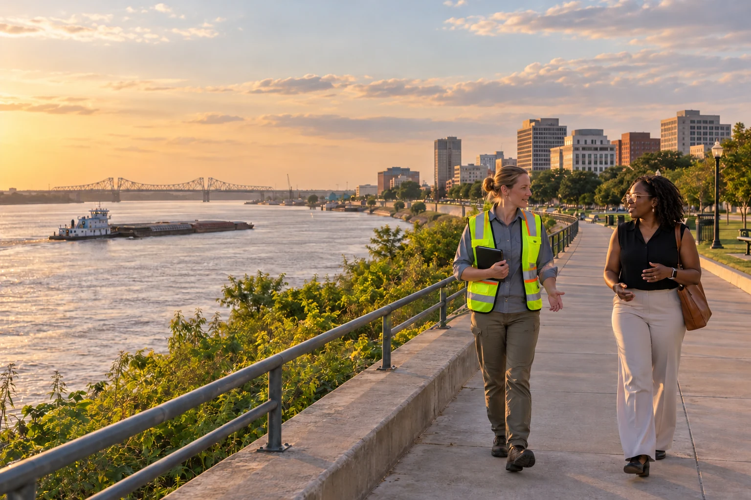 An evening conversation above the Mississippi in Baton Rouge Two women walk along a riverside levee, one wearing a reflective vest, with a towboat and Baton Rouge buildings beyond.
