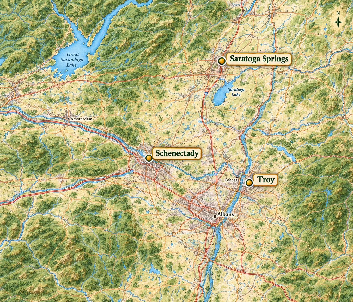 Three nearby Capital Region city beginnings A Capital Region relief atlas highlights Troy, Schenectady and Saratoga Springs around a smaller Albany origin label.