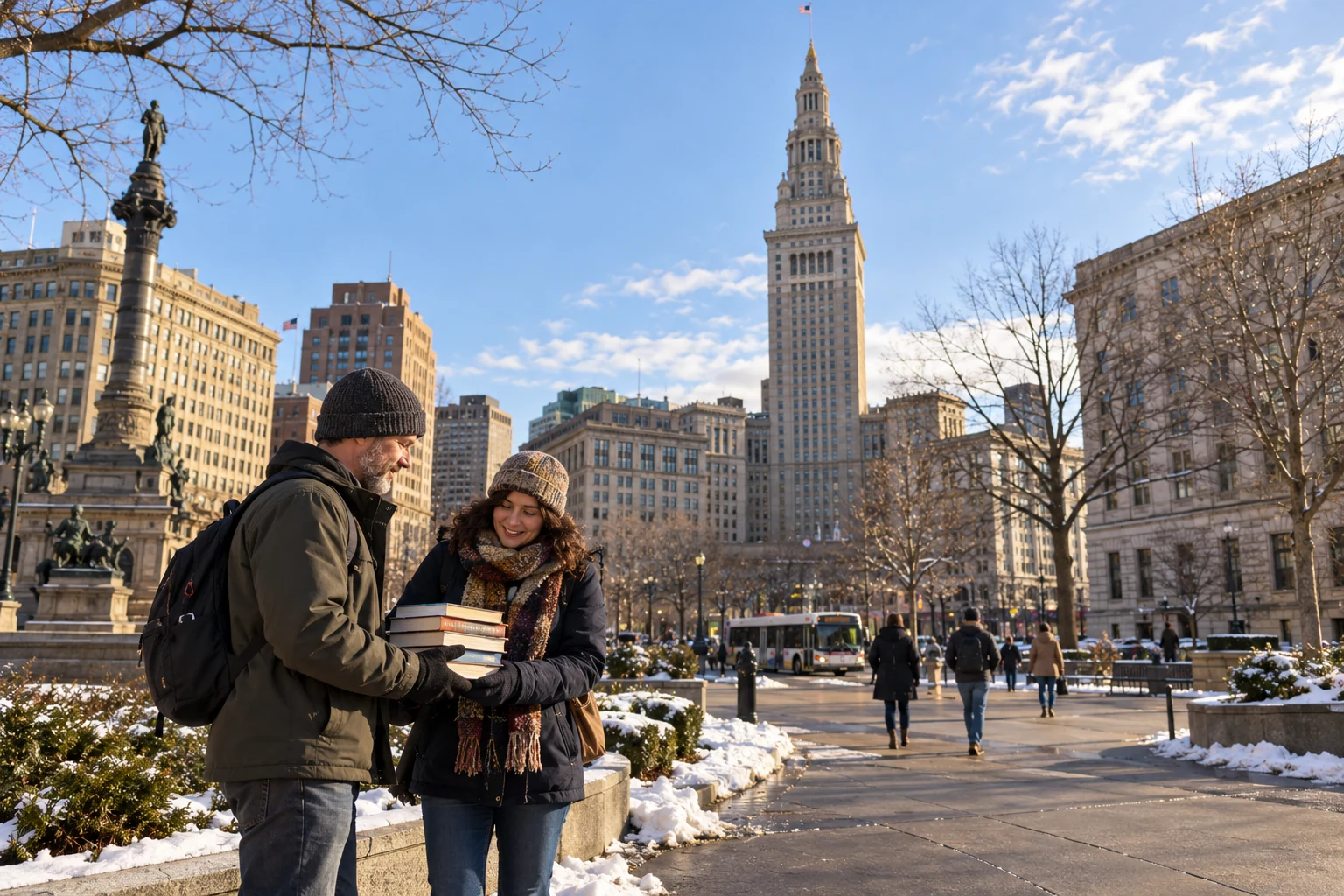 A winter city errand in Cleveland’s Public Square Two bundled adults hold a stack of books in snowy Public Square, with Terminal Tower behind them.
