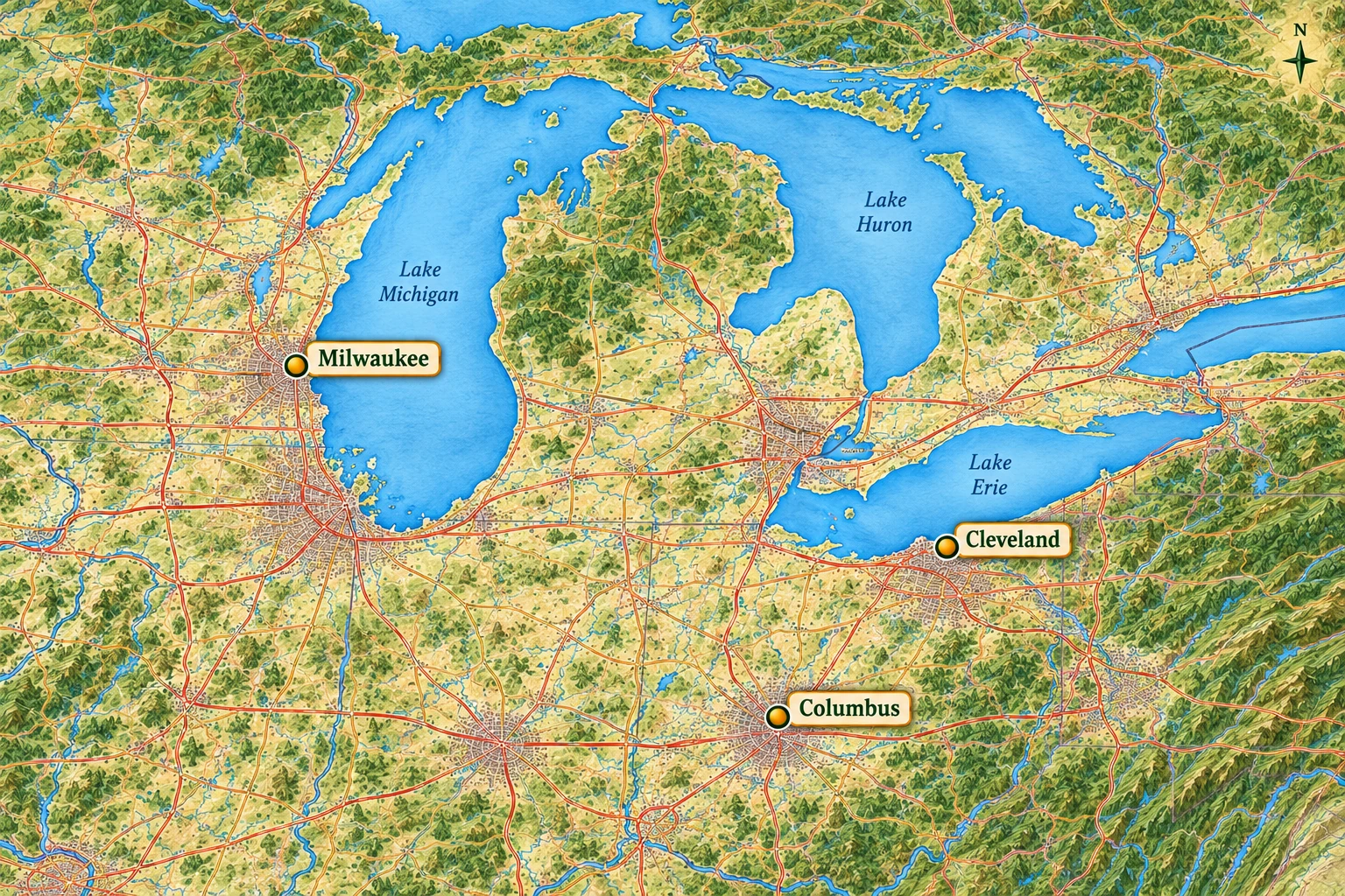 Three city settings around and beyond the Great Lakes A Great Lakes relief atlas highlights Milwaukee west of Lake Michigan, Cleveland beside Lake Erie and Columbus inland to the south.