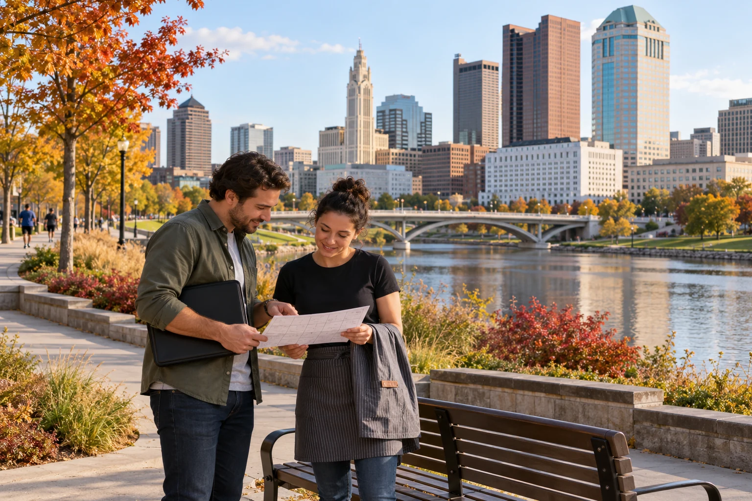 Putting two plans together beside Columbus’s Scioto River Two adults study a paper plan beside a bench, with the Scioto River and Columbus skyline behind them.