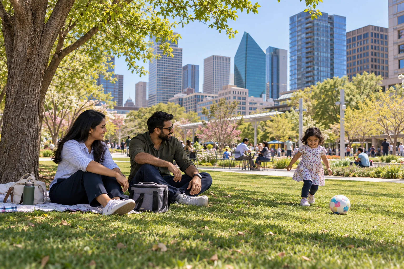 A shaded family pause inside downtown Dallas Two adults sit on shaded grass while a small child plays with a ball, with Dallas towers beyond the park.