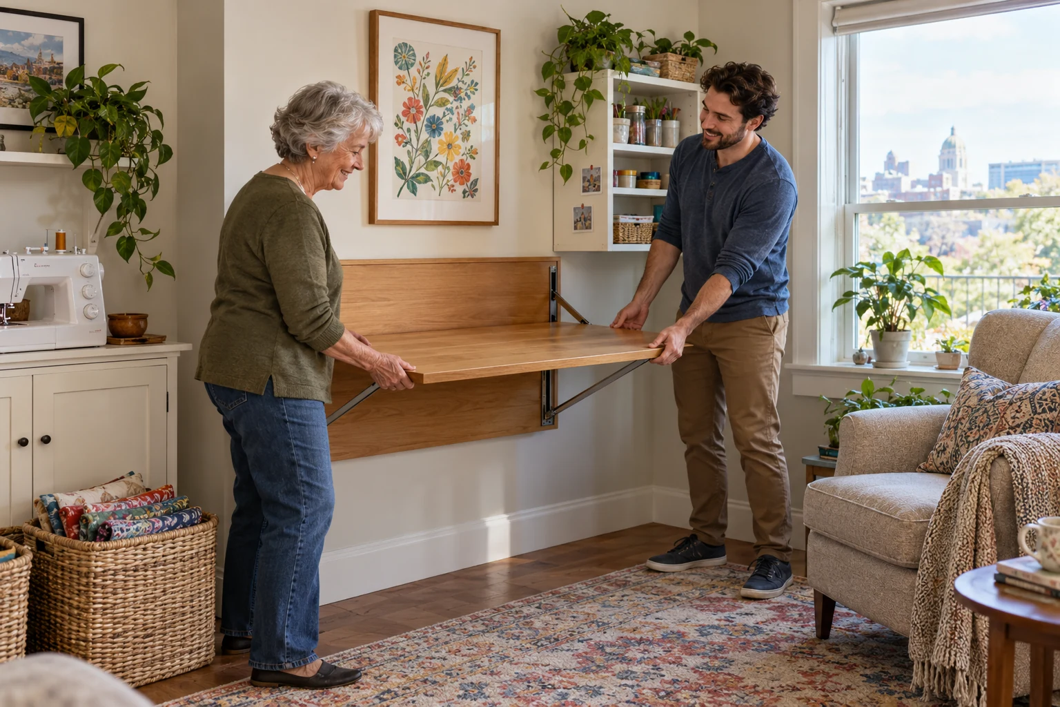Keeping a useful sewing surface in a smaller home An older woman and a younger man support a wooden folding table beside a sewing machine in a compact apartment.
