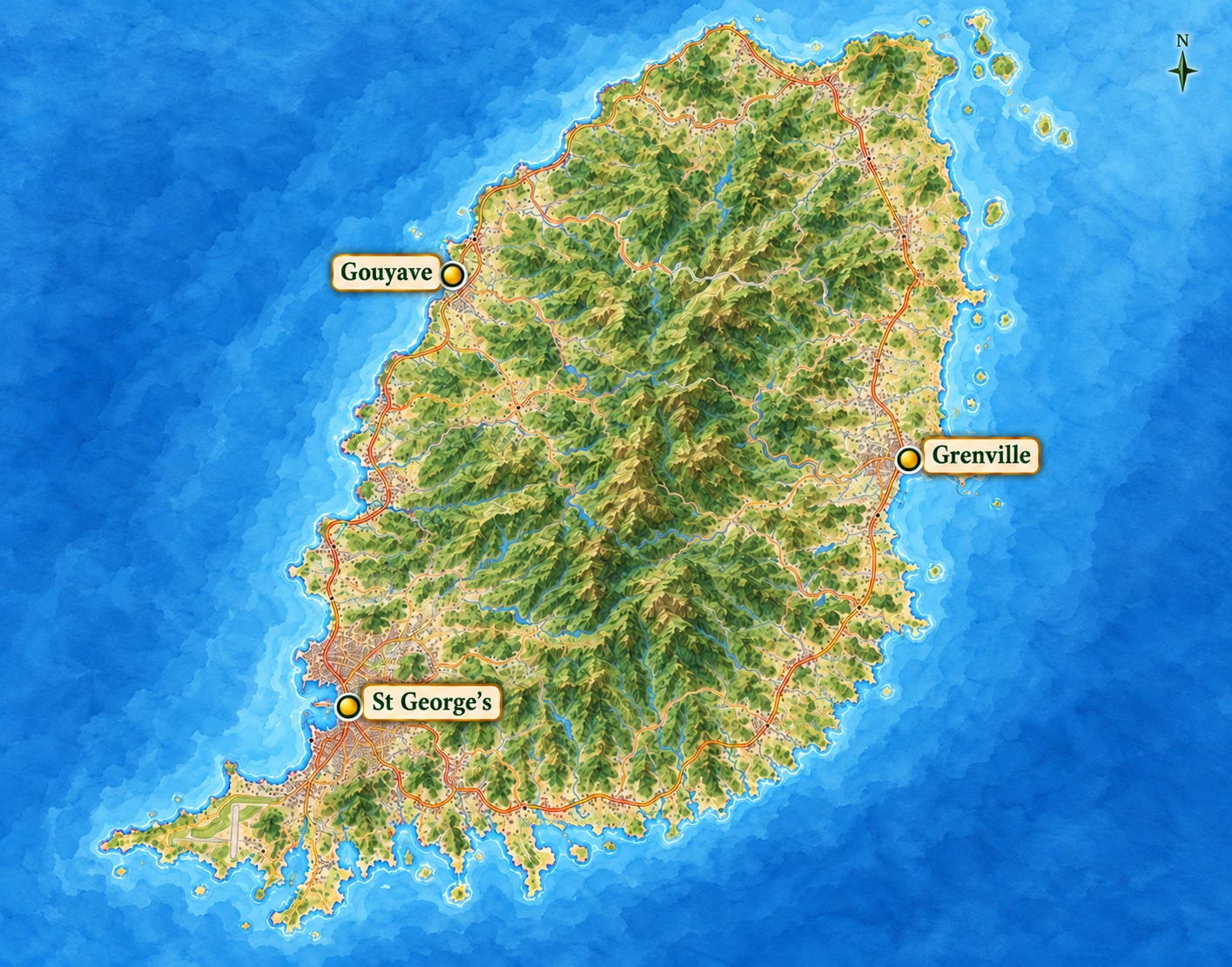 Three town horizons on Grenada’s main island A Grenada relief atlas highlights St George’s in the southwest, Gouyave on the west coast and Grenville on the east.