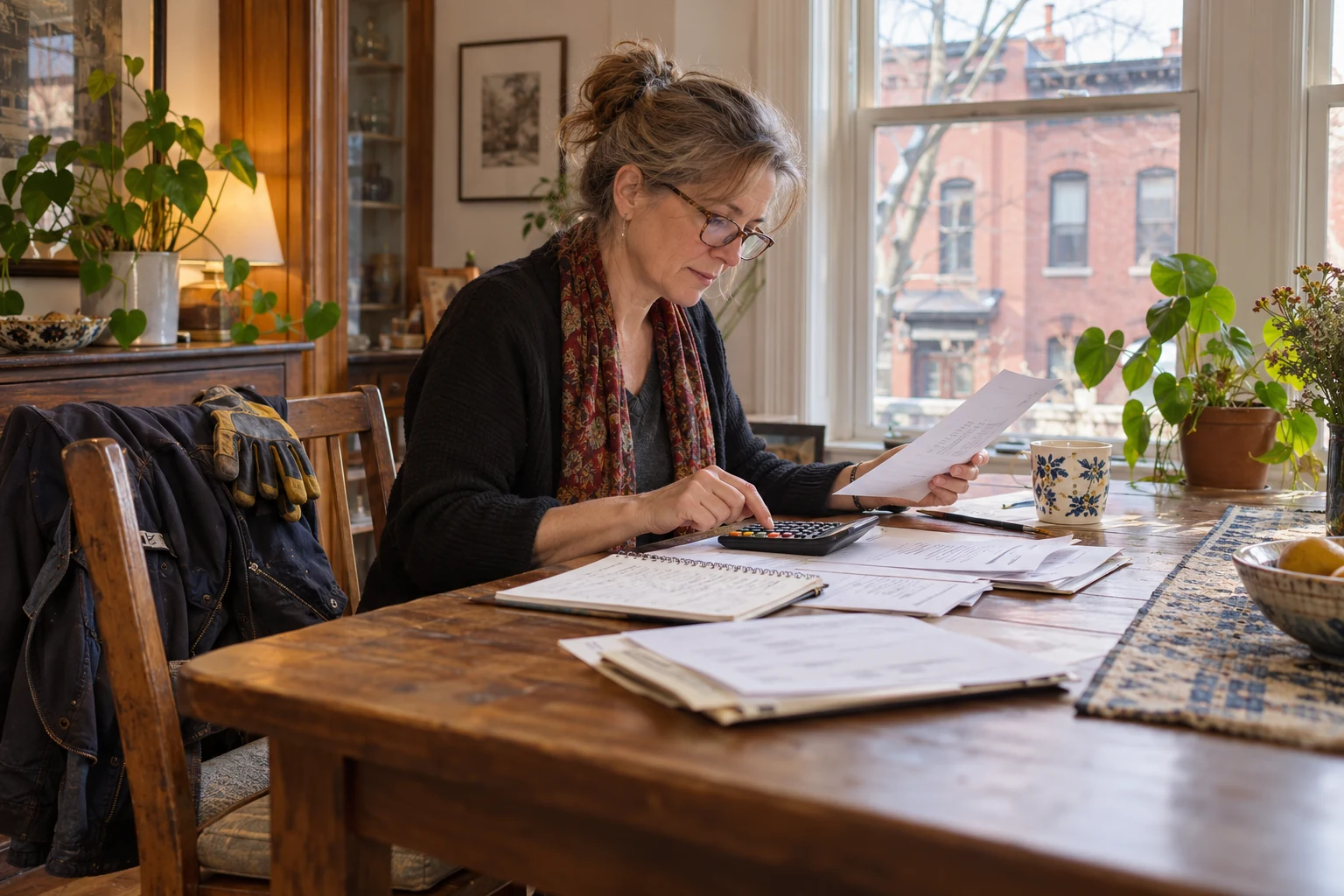 Comparing the whole household month at the table A woman checks paper bills with a notebook and calculator at a wooden table beside a window.