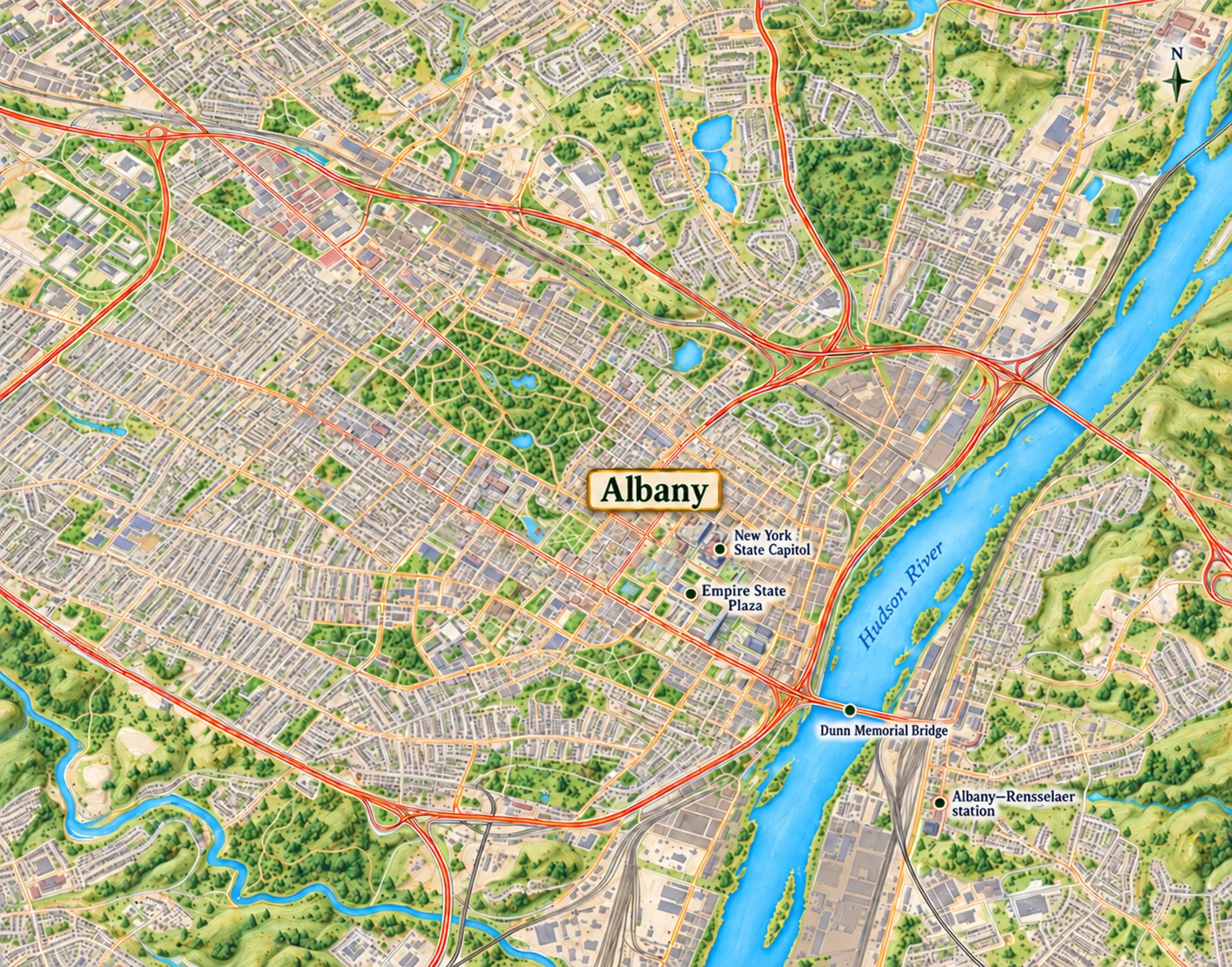 Albany’s Hudson crossing and station relationship An Albany atlas shows the Capitol and Empire State Plaza west of the Hudson, Dunn Memorial Bridge and the rail station on the east bank.