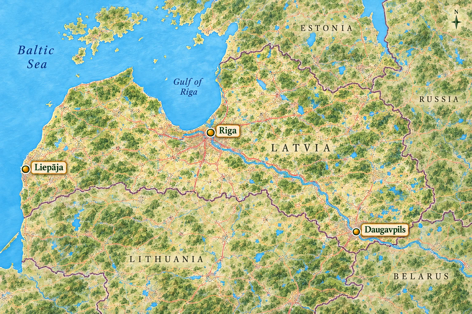 Riga and two other Latvian city horizons A Latvia relief atlas highlights Riga at the Gulf of Riga, Liepāja on the Baltic coast and Daugavpils inland in the southeast.