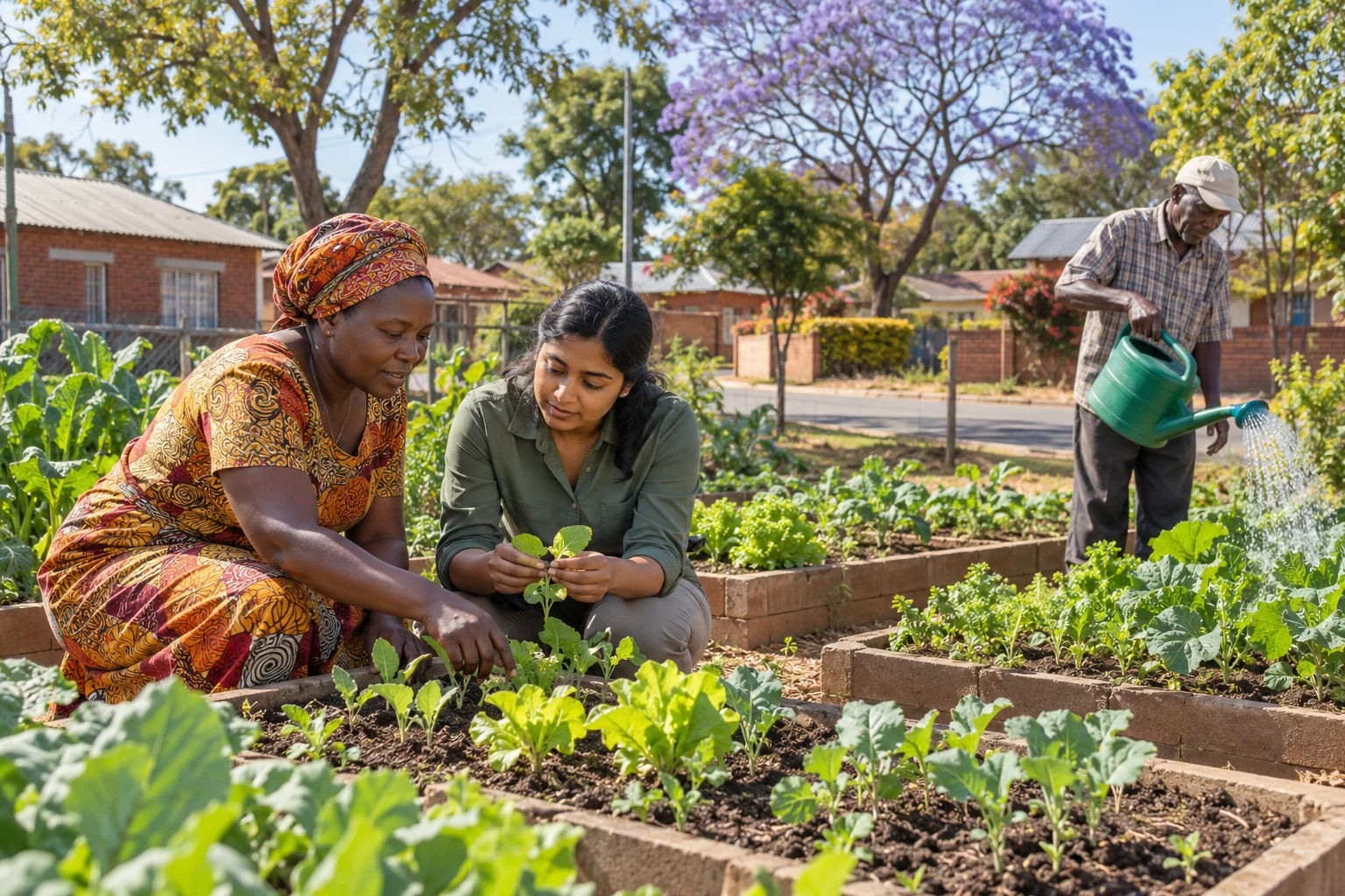 A practical garden conversation in a Lilongwe setting Two women examine a seedling in a garden bed while a man waters plants farther along the path.