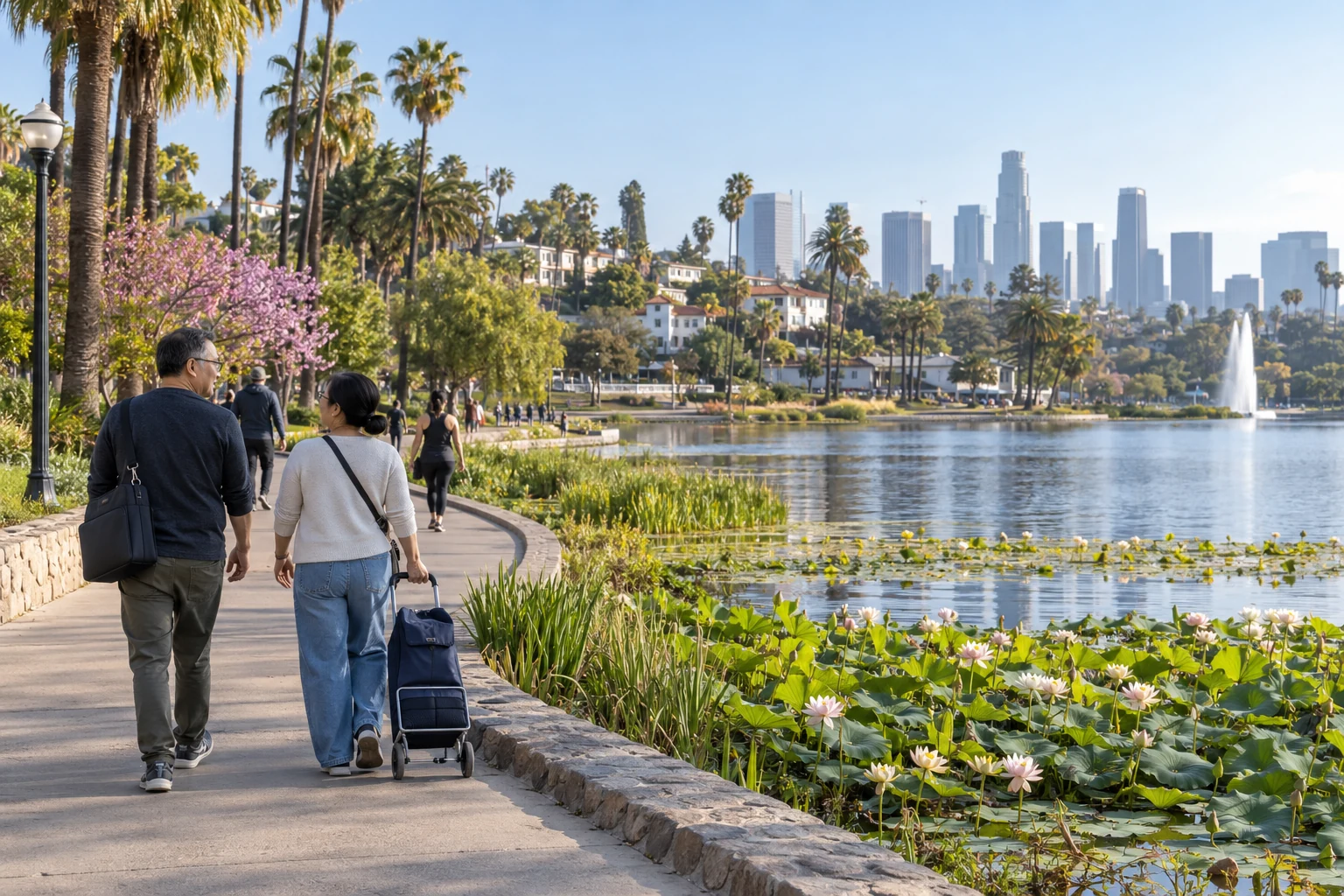 A smaller daily circuit beside Los Angeles’s Echo Park Lake Two adults walk beside Echo Park Lake with a shoulder bag and shopping trolley, with palms and downtown Los Angeles beyond.