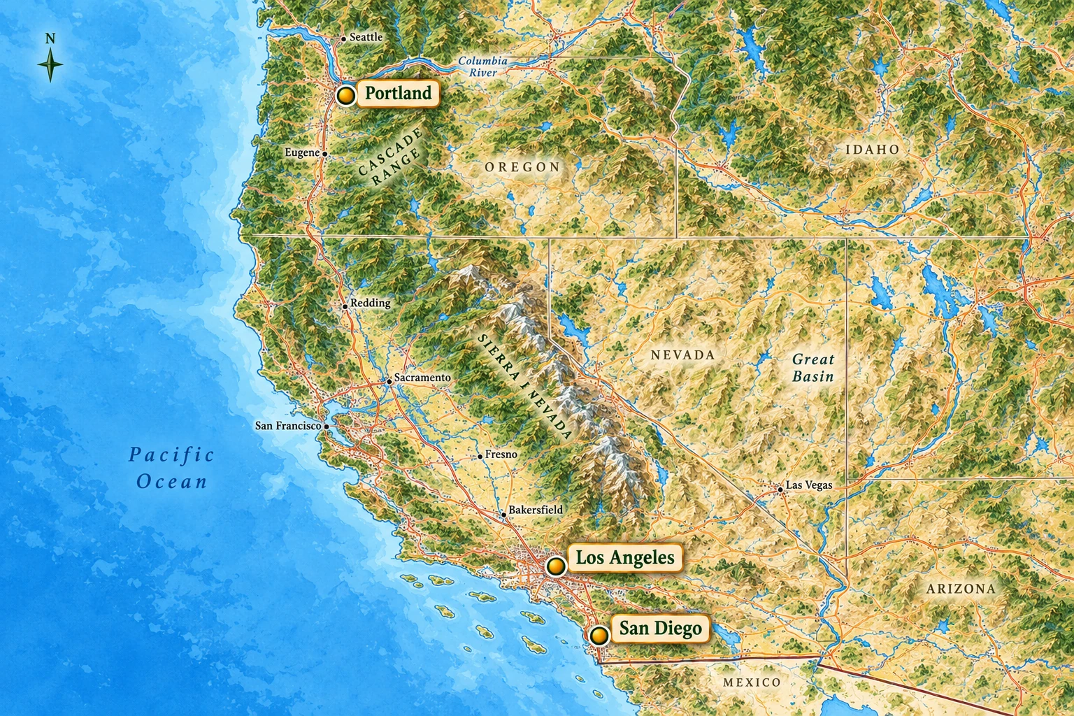 Three Pacific city beginnings from north to south A Pacific states relief atlas highlights inland Portland, Los Angeles and San Diego in their north-to-south relationship.