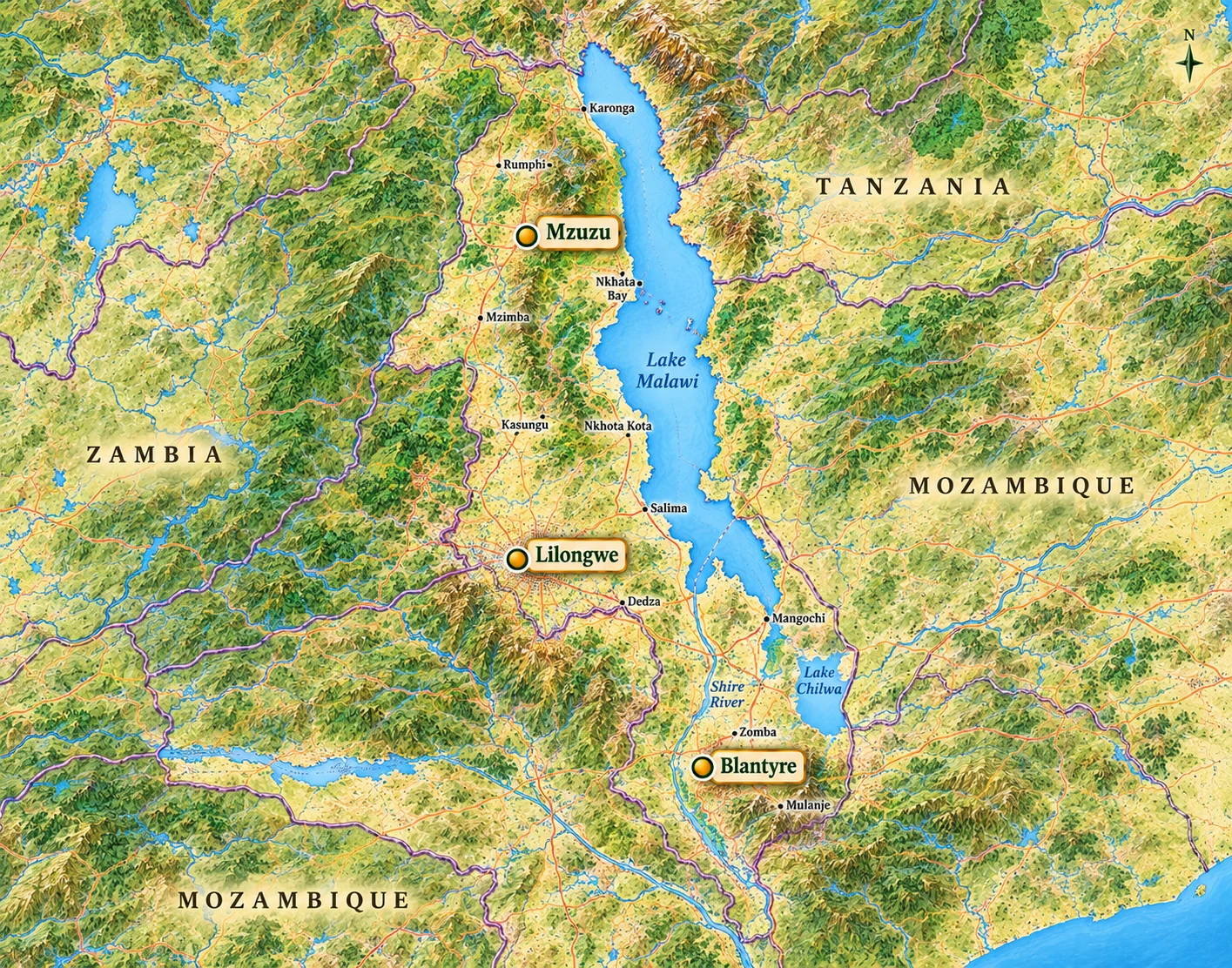 Lilongwe and two other Malawian city horizons A Malawi relief atlas highlights inland Lilongwe, southern Blantyre and Mzuzu west of Lake Malawi.