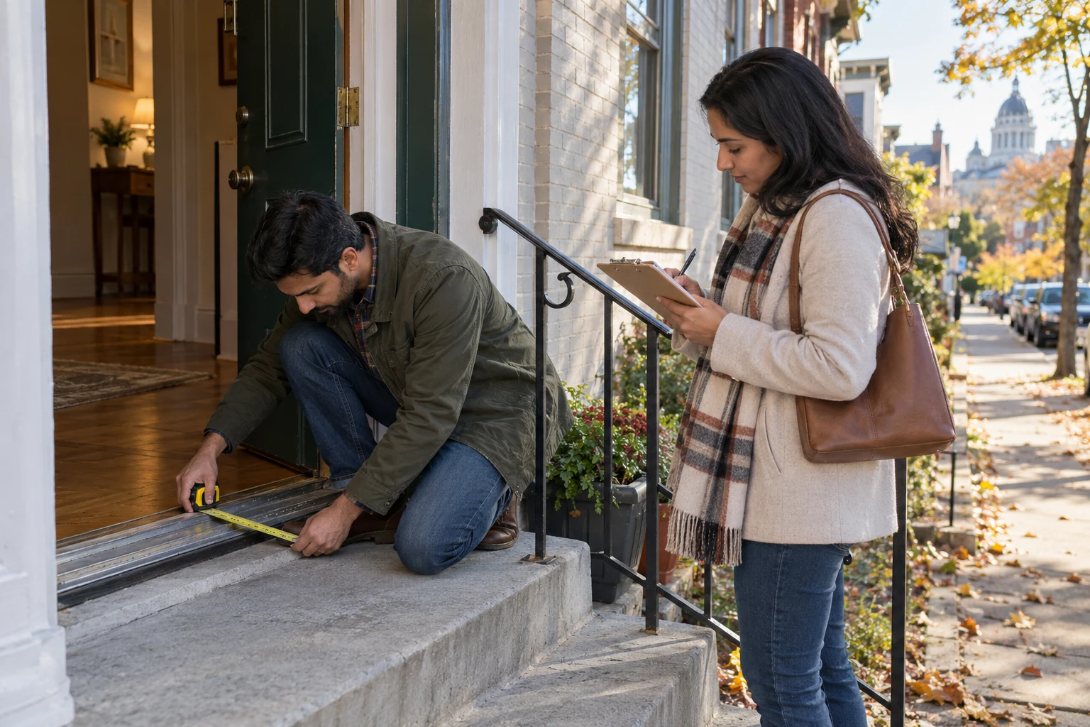 Giving a home visit one concrete question to answer A man kneels to measure a doorway at its threshold while a woman records a note beside the entrance.